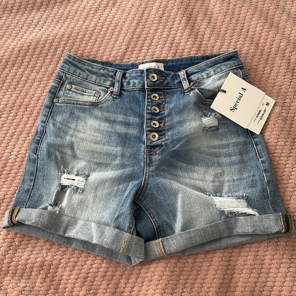 New Special A Double Roll-Up Button Fly Distressed Denim Shorts - Picture 3 of 5